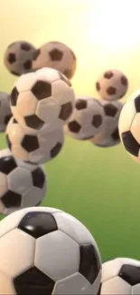 Floating soccer balls with green background, vibrant and dynamic.