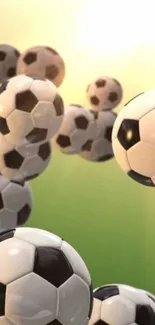 3D soccer balls floating on a vivid green backdrop.