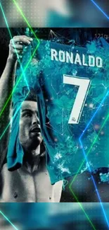 Vibrant soccer celebration artwork in teal and green hues.