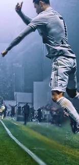 Athlete jumping in soccer match, vibrant and intense.