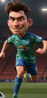 Animated soccer player running energetically in a stadium.