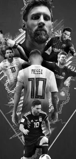 Grayscale collage of soccer player on black background wallpaper.