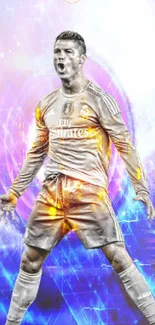 Dynamic soccer player with vibrant blue energy effects in a mobile wallpaper.