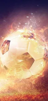 Fiery soccer ball being kicked with flames, perfect sports wallpaper.