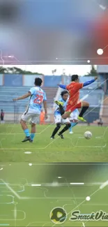 Soccer players in action on field during game.