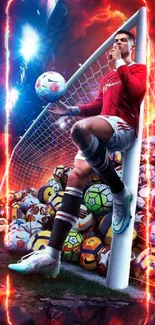 Soccer goalkeeper with fiery backdrop, stack of balls, and stadium lights.