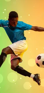 Soccer player leaping with ball on green and orange gradient.