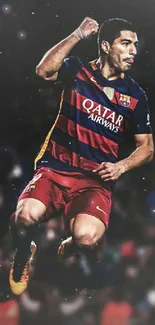 Soccer player mid-jump in colorful attire against a dark background.