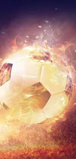 Fiery soccer kick with glowing ball and shoe, dynamic sports wallpaper.