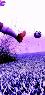 Soccer player kicking a ball on a purple grass field, creating a dynamic effect.