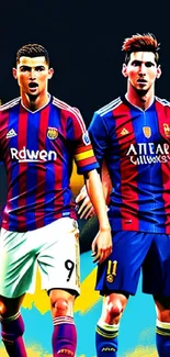 Vibrant artwork of two famous soccer players in colorful uniforms.