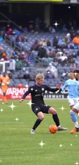 Soccer players in action on the field with fans in the background.