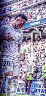 Young soccer player at the corner flag during a lively stadium match.