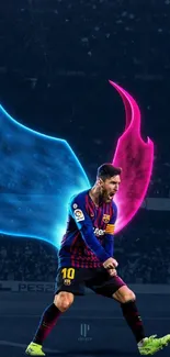 Soccer player with neon wings in dark stadium wallpaper.