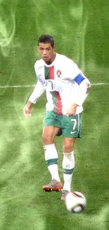 Soccer player on the field during match action scene.