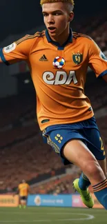 Soccer player in orange jersey leaps in action on the field.