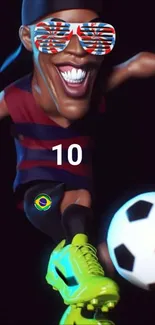 Animated soccer player with neon shoes and sunglasses.