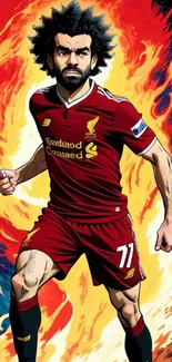 Illustration of a soccer player with vibrant red and fiery background.