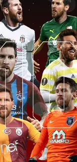 Collage of soccer players in action, creating a dynamic mobile wallpaper with a dark red background.