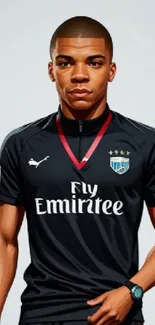 Illustration of a soccer player in a black sports jersey.