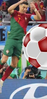 Soccer player jumping with soccer ball close-up in action pose.