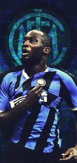 Soccer player in blue jersey on vibrant wallpaper.