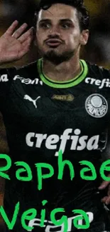 Soccer player in green uniform celebrating on a dynamic wallpaper background.