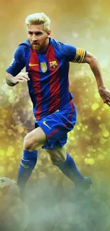 Dynamic soccer player on colorful field background.