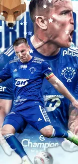 A soccer player in action on a vibrant blue mobile wallpaper.