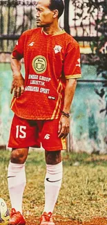 Soccer player in red uniform on the field with a ball.