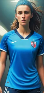 Energetic female soccer player in blue jersey, ready for action.