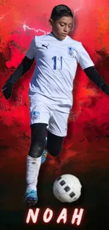 Soccer player with vibrant red lightning background.