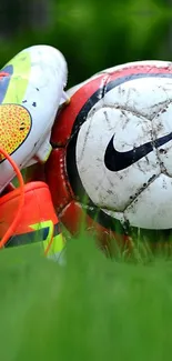 Soccer shoes and ball on green grass, vibrant sports wallpaper