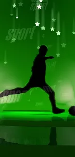 Soccer player silhouette against green, starry backdrop with sporty theme.