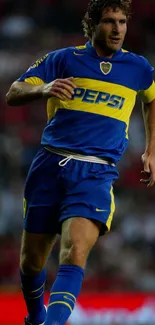 Soccer player in blue and yellow uniform in action on the field.