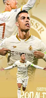 Dynamic soccer star wallpaper with vibrant gold tones.