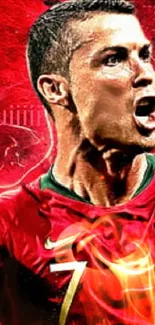 Passionate soccer star wearing Portugal's red jersey in vibrant mobile wallpaper.