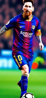 Soccer player in action with vibrant blue and red uniform.