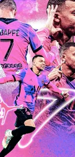 Dynamic soccer player wallpaper with vibrant pink tones and energetic design.