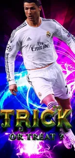Soccer star with vibrant neon effects in action-packed wallpaper.