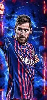 Dynamic soccer wallpaper with blue hues and vivid action pose.