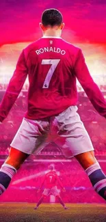 Dynamic soccer star in action with vibrant magenta background.