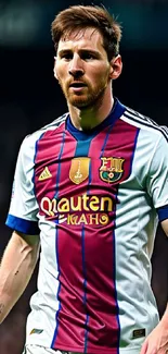 Mobile wallpaper featuring a soccer star in a dynamic action pose wearing a team jersey.