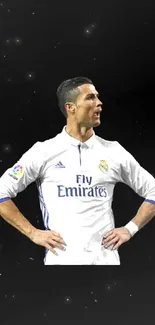 Soccer star in white jersey with cosmic background.