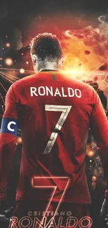 Football legend in action, vibrant red jersey on fire background.