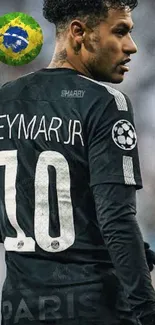 Soccer player in black jersey with Brazil flag emblem.