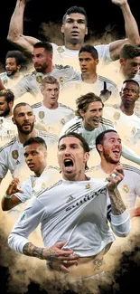 Collage of energized soccer players in dynamic action on a black background.