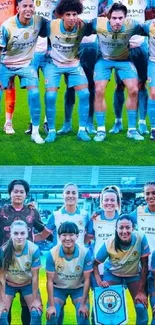 Soccer team posing on the field with blue and yellow kits, expressing unity.