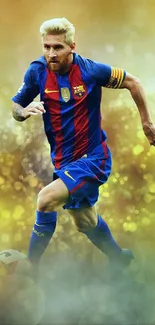 Dynamic action soccer player with vibrant gold bokeh background.