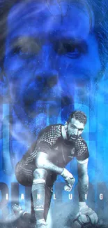 Dynamic soccer player in blue-toned wallpaper art.